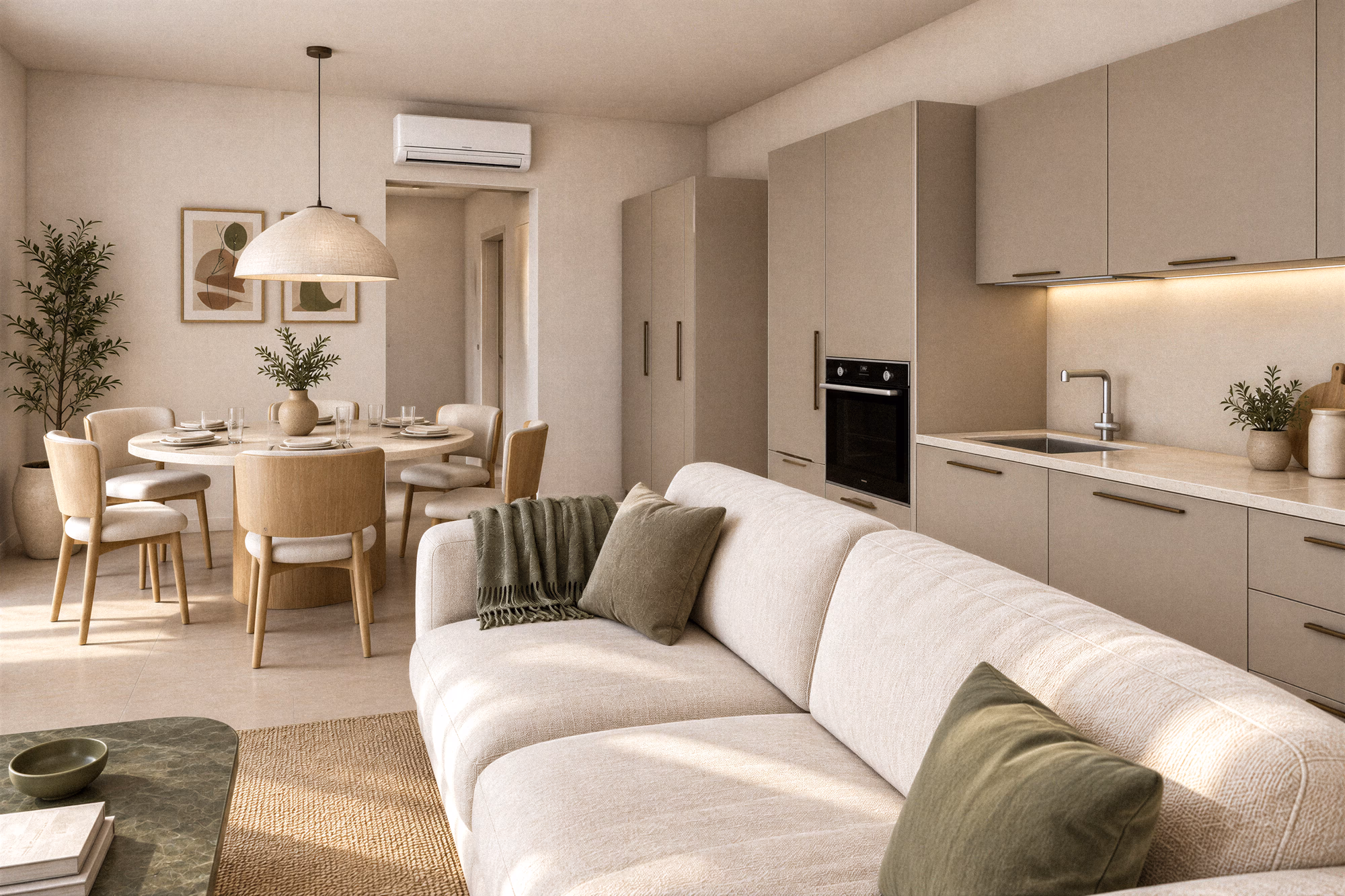 Kuchyň, jídelna a obývací pokoj apartmánu ONE PARK POREČ